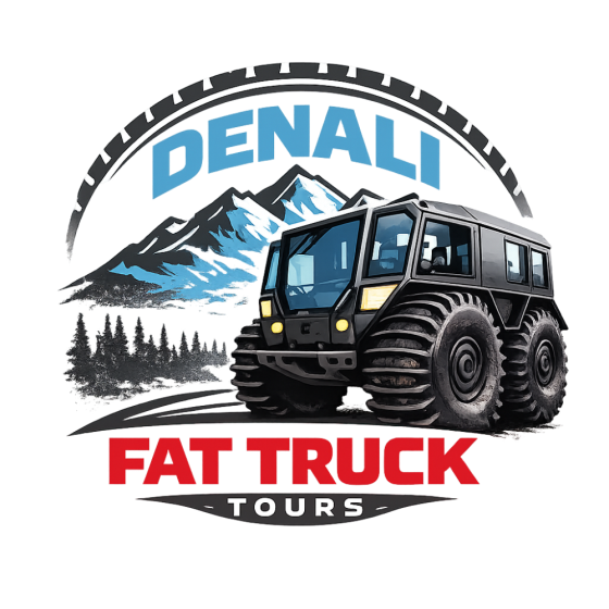 Logo of Denali Fat Truck Tours with a mountain and off-road vehicle.